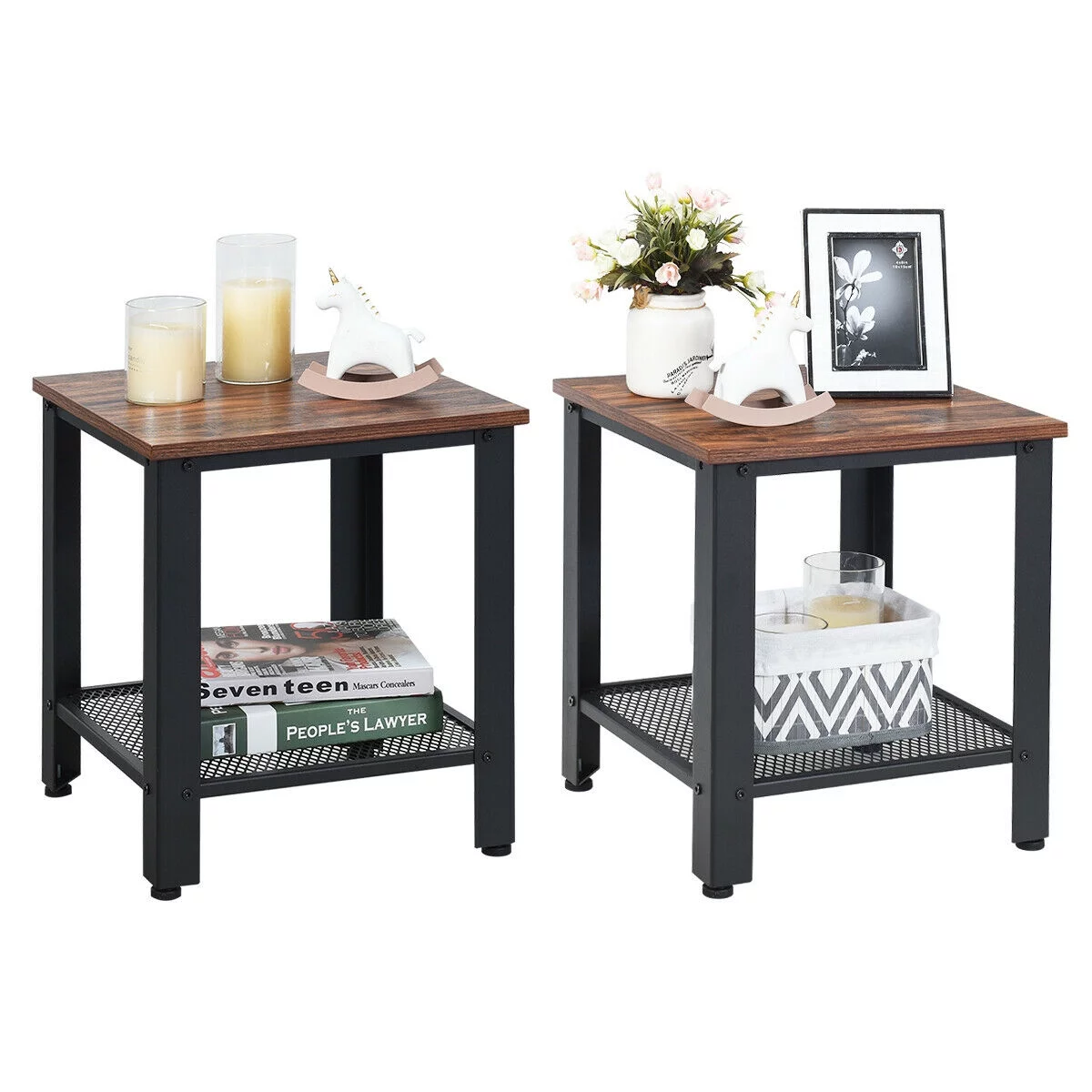 Gymax Set of 2 Industrial End Table 2Tier Side Table W/Storage Shelf Sofa Table Black