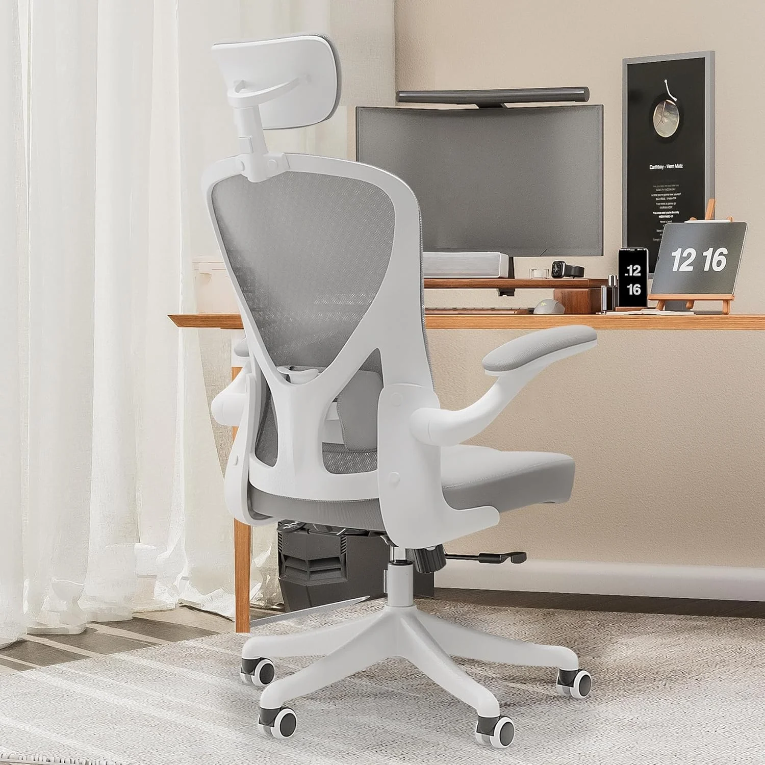 Mid Back Ergonomic Chair For Computer Home Desk with Flip-Armrest & Cushion for Lumbar Support, Thickened Cushion Desk Chairs Khaki