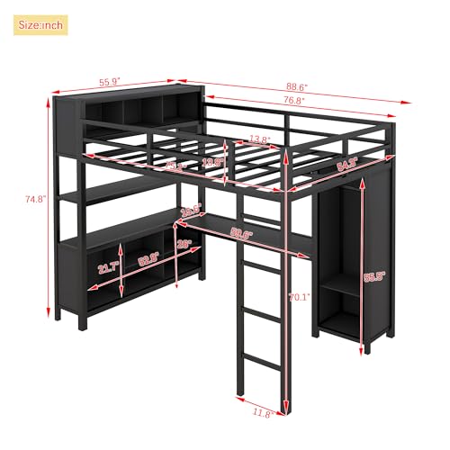 Bellamave Metal Loft Bed with Wardrobe and L-Shaped Desk, Full Size Loft Bed with Storage Cubes and Shelves, Heavy Duty LoftBed for Kids Teens Adults, Black