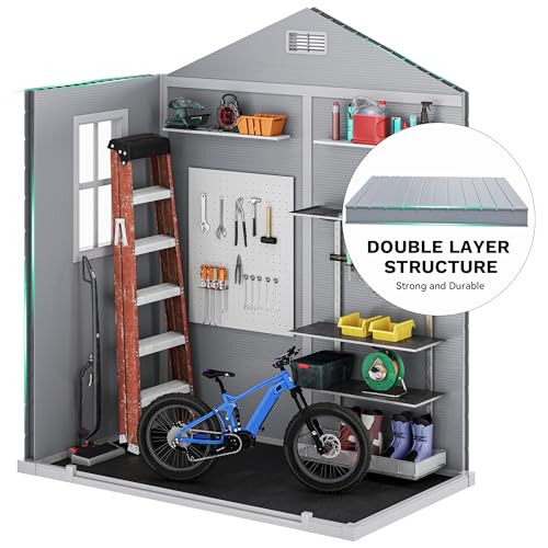 DWVO 6.x4 FT Resin Storage Shed with Reinforced Floor, Outdoor Storage Shed with Lockable Door, Window and Vents, Waterproof Plastic Tool Storage for Garden, Backyard, Patio, Lawn