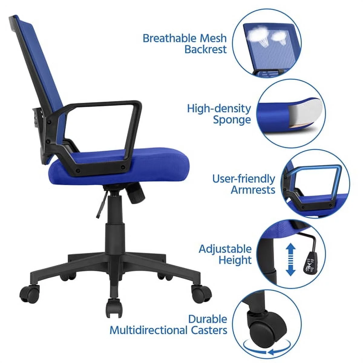 Topeakmart Mesh Office Chair Ergonomic Height Adjustable Computer Chair with 360° Rolling Casters Blue