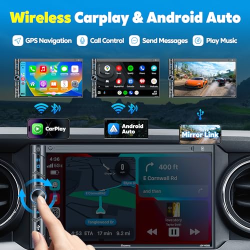 Upgrade Wireless Double Din Car Stereo with Carplay, Android Auto, Bluetooth, 4-Channel RCA, High Power, 2 Subwoofer Ports, 7