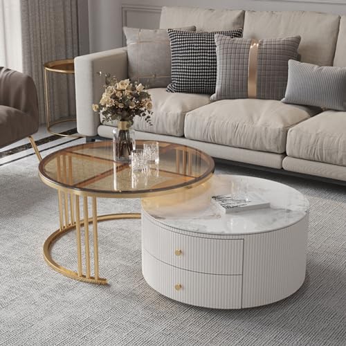 28IN Modern Coffee Tables - Wave Panel & Metal Frame | Nesting Round Coffee Table Set of 2, Dining Table for Home Living Room, Office (Glass)