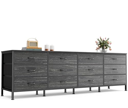 Huuger 70 Inch Dresser for Bedroom, TV Stand for 65, 75, 80 Inch TV,12 Fabric Drawer Long Dresser, Large Storage Organizer Unit, Chest of Drawer for Bedroom, Charcoal Black Wood Grain Print