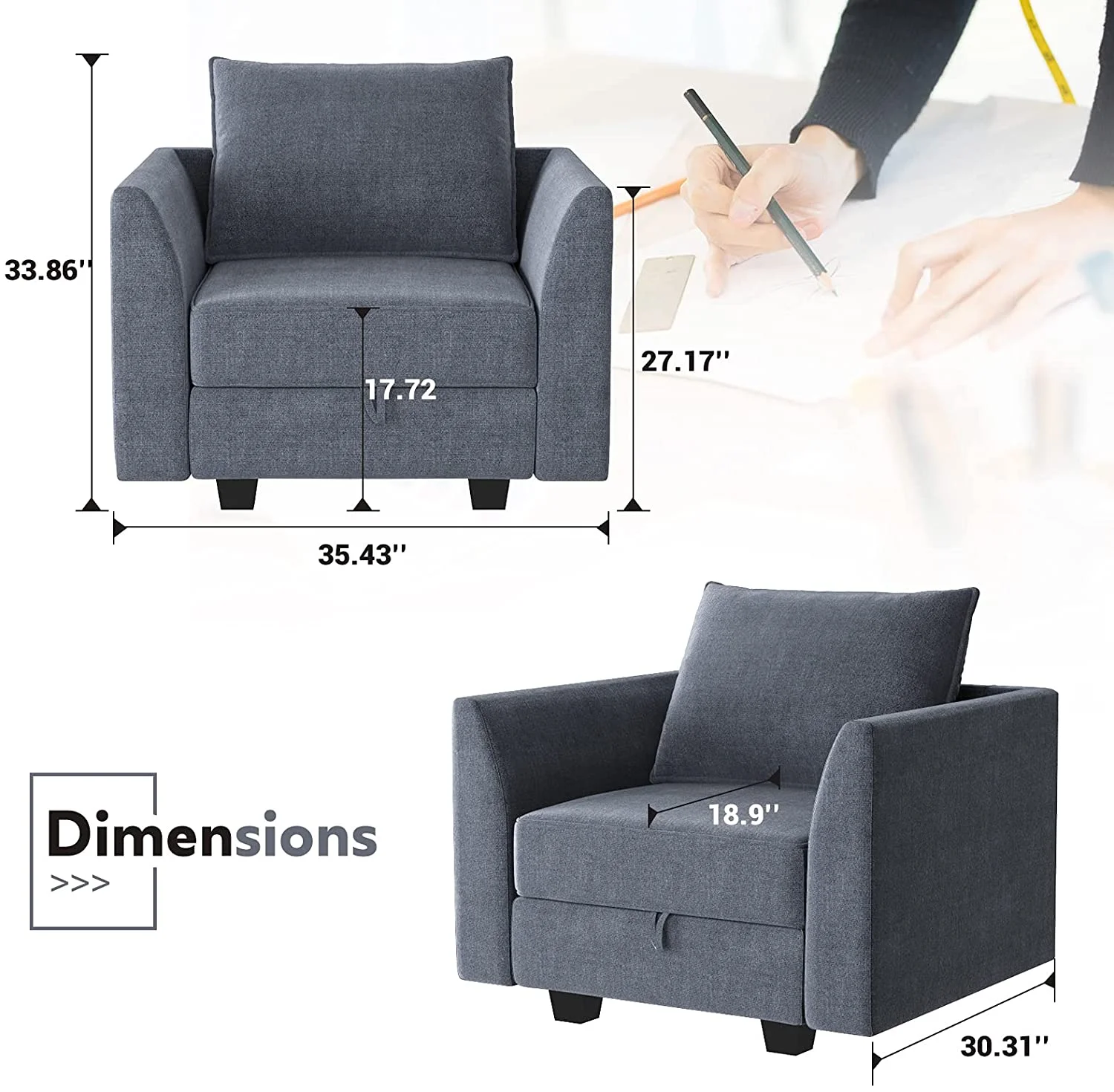 HONBAY Upholstered Fabric Accent Chair Leisure Chairs w/ Pillow, Bluish Gray