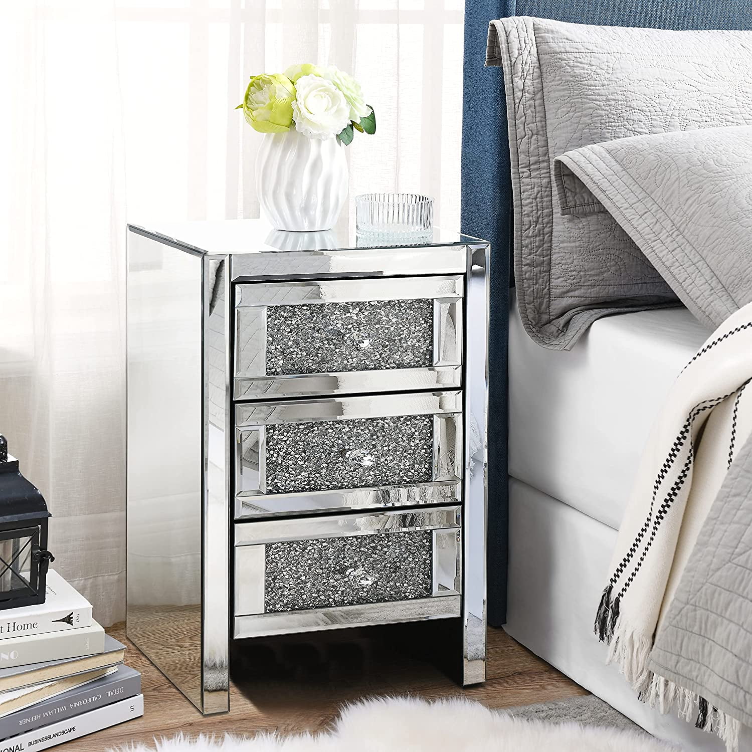 Alohappy Mirrored Nightstand with 3-Drawers, Mirror and Crystal Surface End Table Silver Bedside Table for Living Room/Bedroom, Fully Assembled, Crystal Sliver
