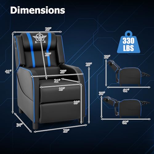 Giantex Gaming Massage Recliner Chair - Racing Style Gaming Sofa Chair with Reclining Backrest, Massage Lumbar Pillow, Retractable Footrest, Home Theater Seating with Bluetooth Speaker (Blue)