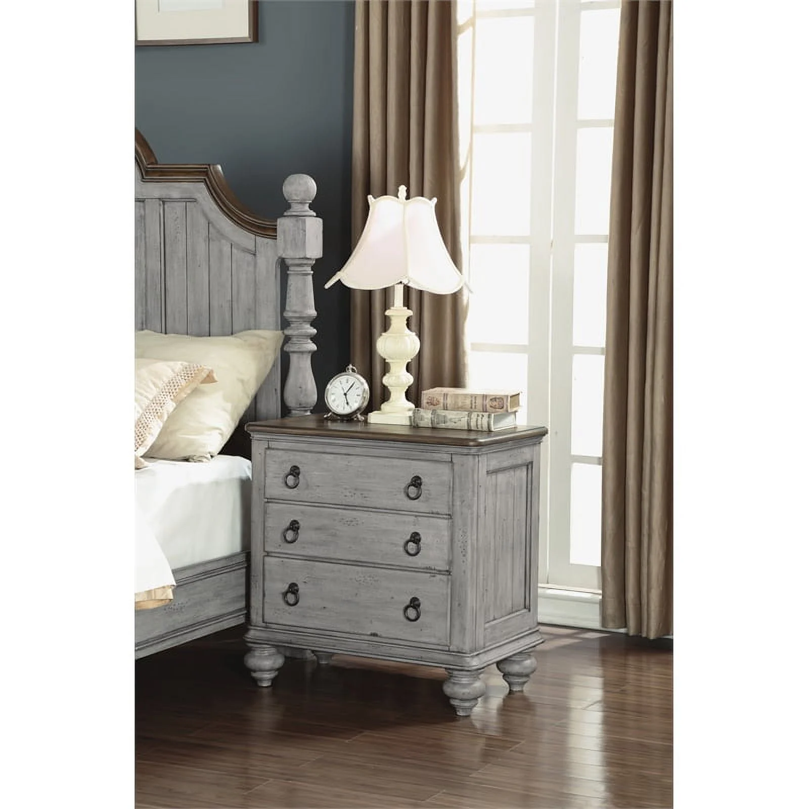 Homestyles Plymouth Weathered Gray Nightstand with Three Drawers