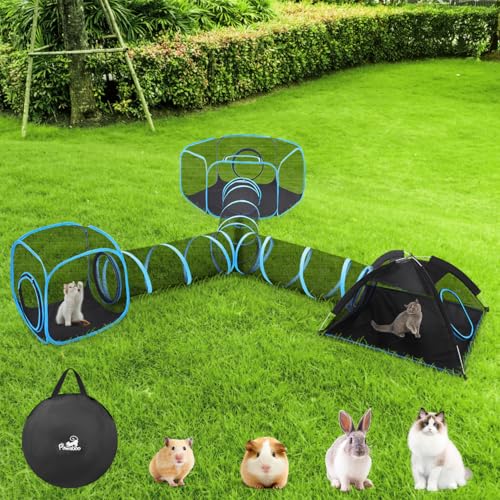 Outdoor Cat Enclosures for Indoor, Patio Portable Mesh Tent, Tunnel, Playhouse with Free Carry Bag & Metal Rod for Multiple Cats and Small Animals, Includes Playpen+2 Tents+Tunnel, Light Blue + Black