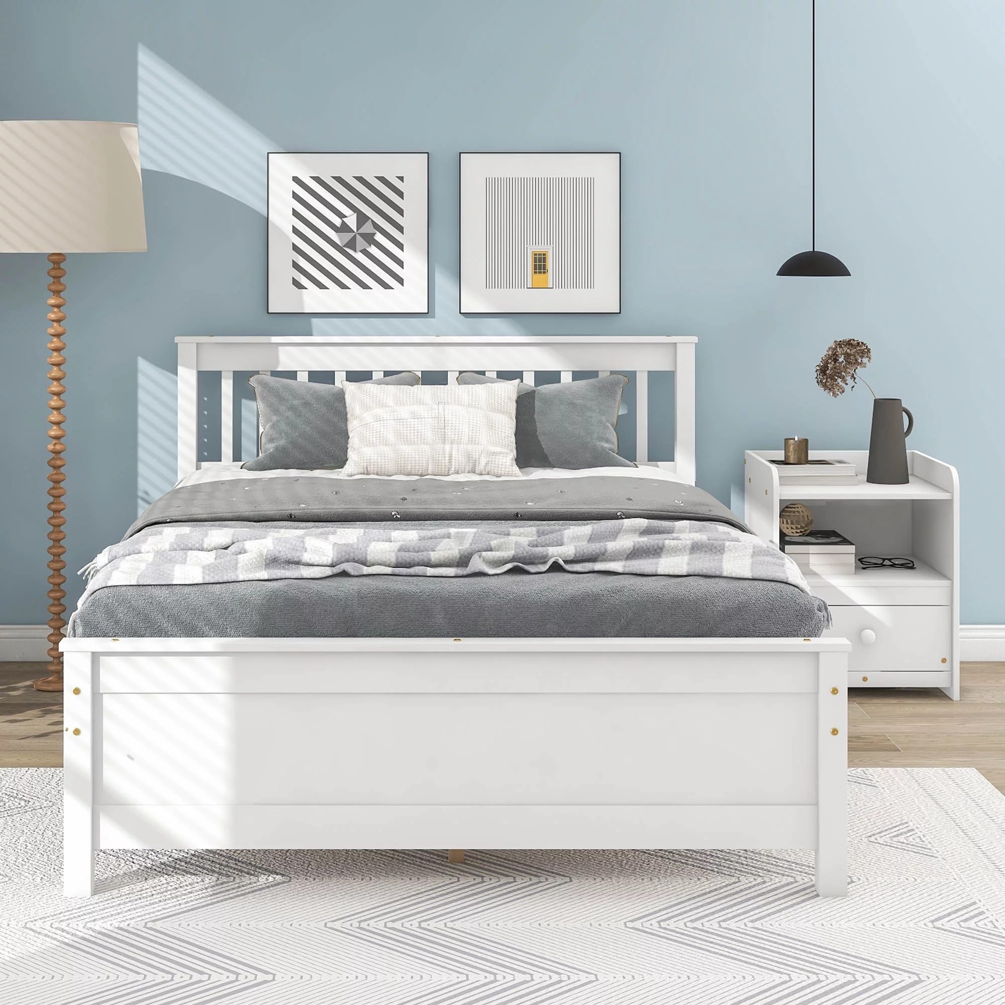 Hombay Twin / Full Size Platform Bed with Headboard Nightstand and Footboard, Slats Foundation Pine Wood Bed Frame, No Box Spring Needed
