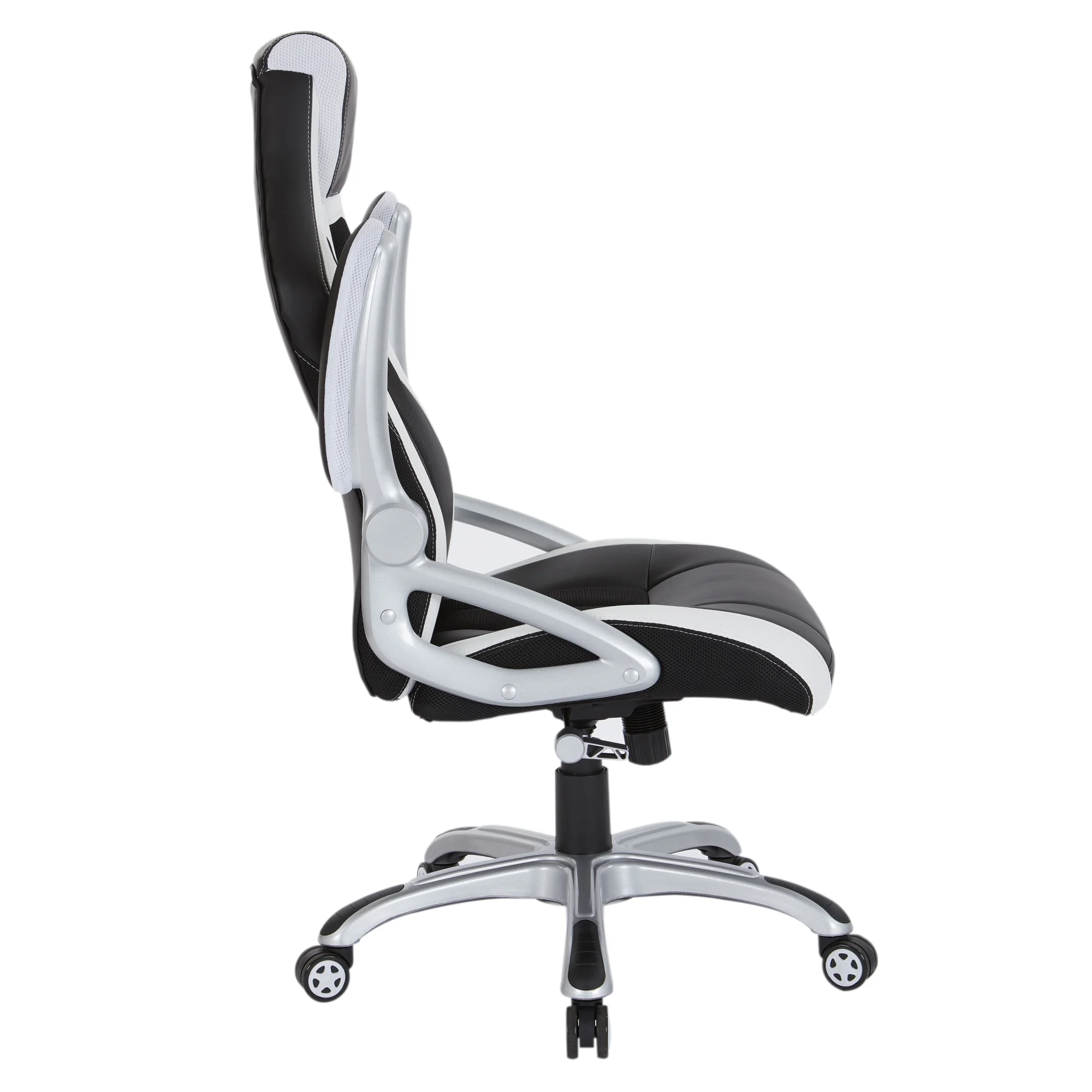 OSP Home Furnishings Race Chair in Black with White Trim, White Stitching, and Silver Base