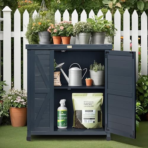 Outdoor Storage Cabinet with Metal Tabletop, Wooden Potting Bench Table, 3 Adjustable Shelves, Plant Workstation for Garden, Patio, Backyard, Lawn