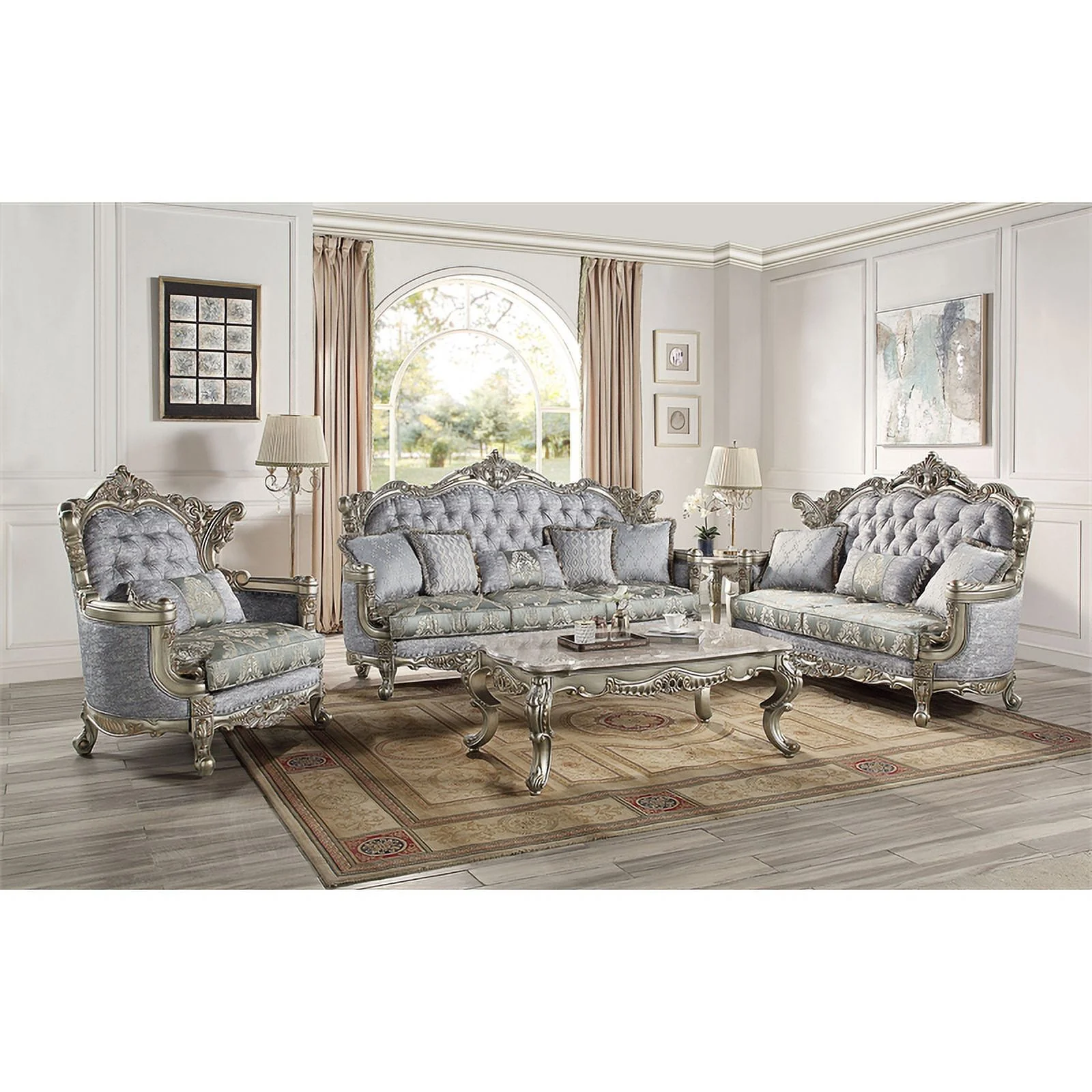 ACME Furniture Miliani Tufted Fabric/Wood Chair w/ Pillow in Gray/Antique Bronze
