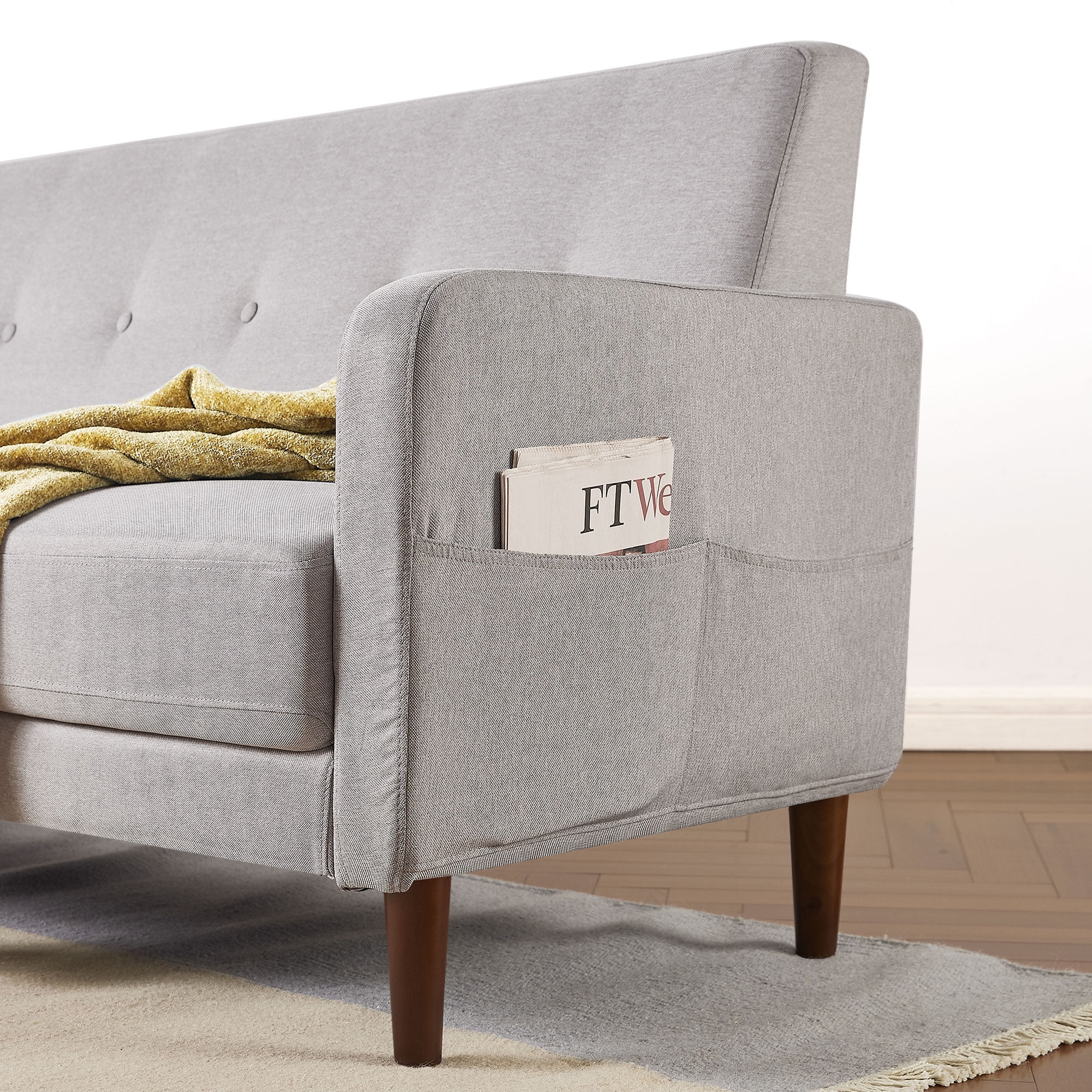 Mellow Adair Mid-Century Modern Fabric Loveseat with Armrest Pockets, Light Grey