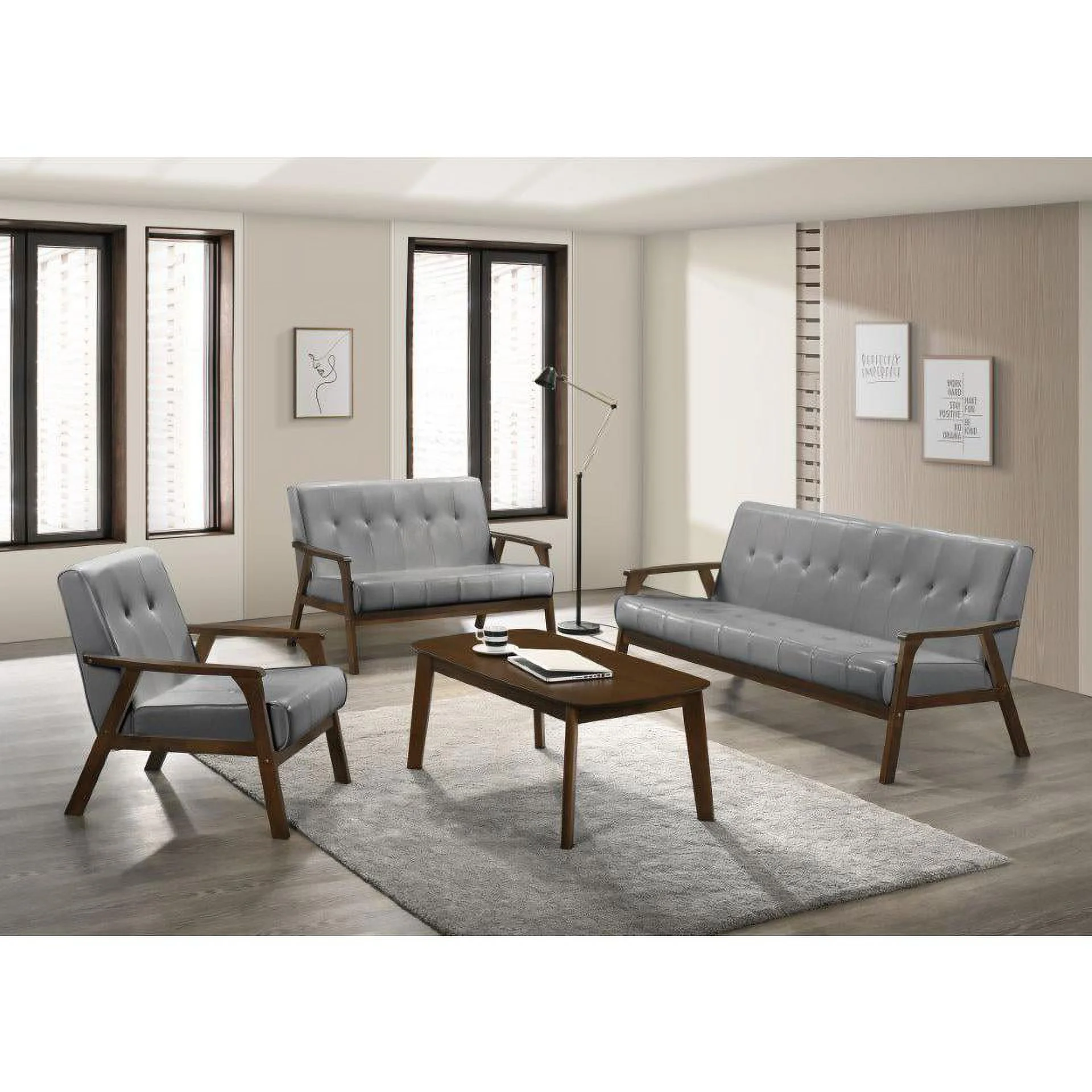 Uptown Modern Iven Mid Century Wood Arm 4pc Living Room Set, Grey