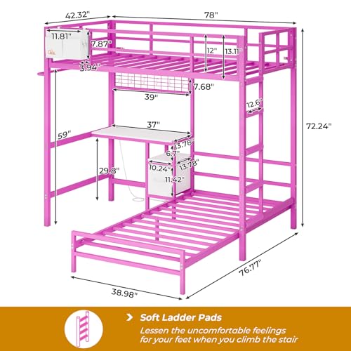 DICTAC Twin Over Twin Size Bunk Bed with Desk and Charging Station Metal Loft Bed with Led Lights & Storage Shelves and Drawers L-Shaped Bunk Bed for Teen,Safety Guardrail and Ladder,White