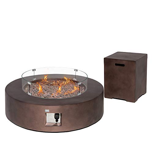COSIEST 2-Piece Outdoor Propane Firepit Table Set w Tank Table, 42 inch Dark Fire Table CSA Certified, 50,000 BTU w Beige Round Base,Wind Guard and 16 inches Tank Side Table 20lb for Garden,Pool