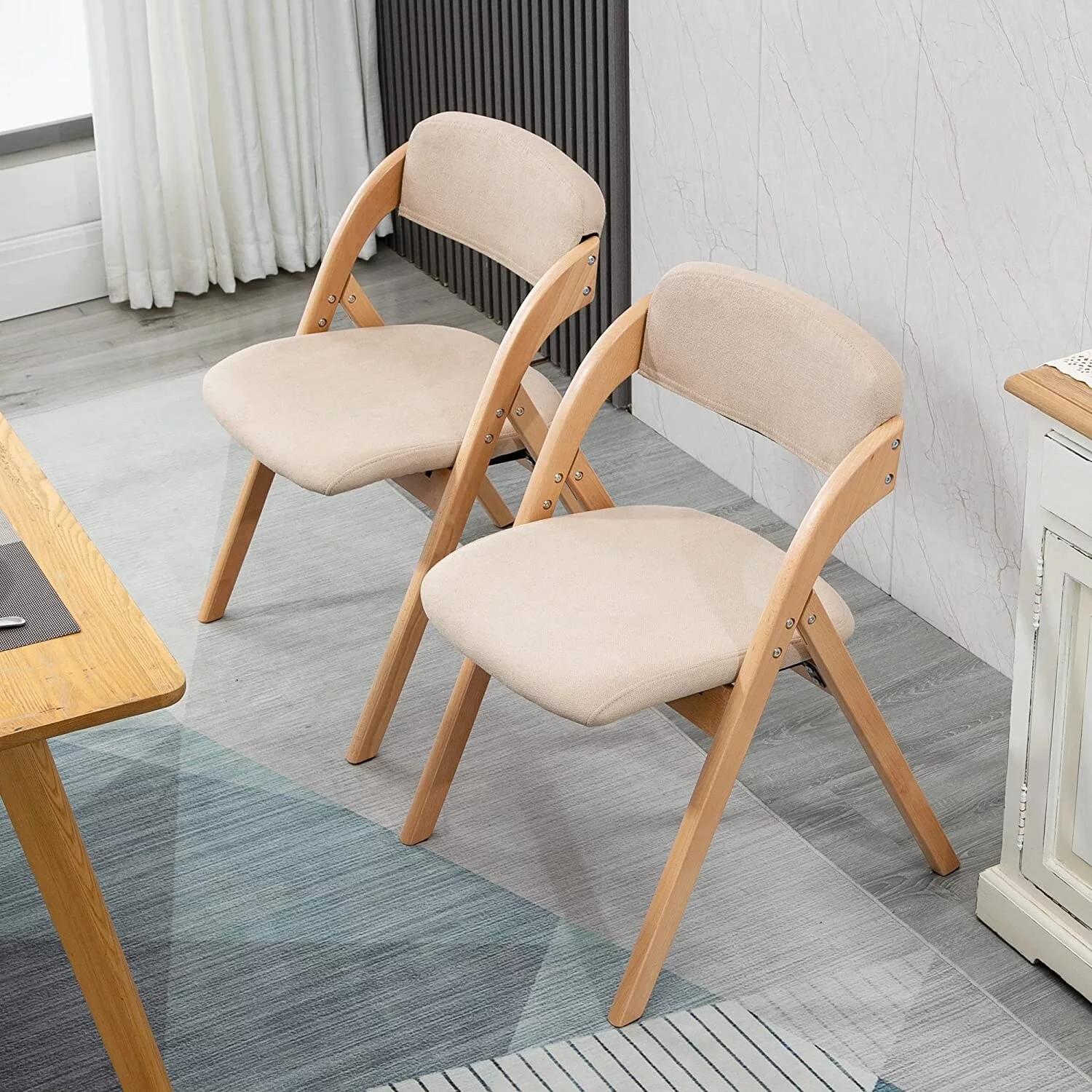 Wooden Stackable Dining Folding Chairs with Padded Seats(Set of 2) Beige