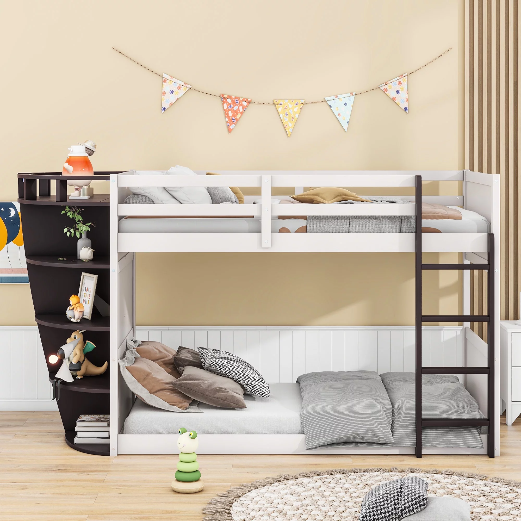 Bellemave Wood Twin over Twin Bunk Bed with Storage Shelves,The Boat-Like Shape is Perfect for Children's Rooms,Cream+Espresso