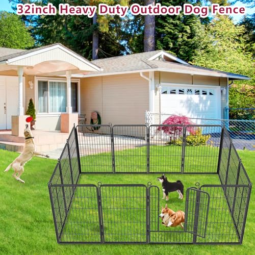 Dog Playpen, 32inch 10 Panels Outdoor Dog Fence Indoor Dog Pen Anti-Rust Pet Puppy Pen Dog Exercise Pen with Lock for Medium Small Dogs, Portable Pet Fence for Yard RV Camping