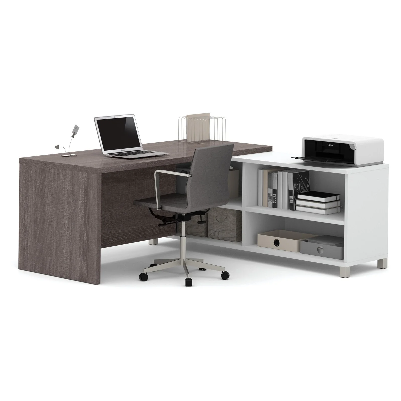 Bestar Pro-Linea L-Desk in White and Bark Grey