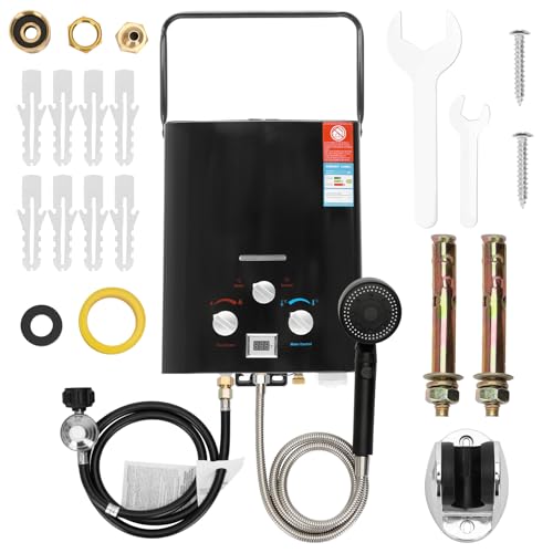 Portable Tankless Water Heater Propane -6L, instant hot water heater with handle (function of overheat protection and safe air cutover), outdoor water heater black, suitable for camping RV cabins