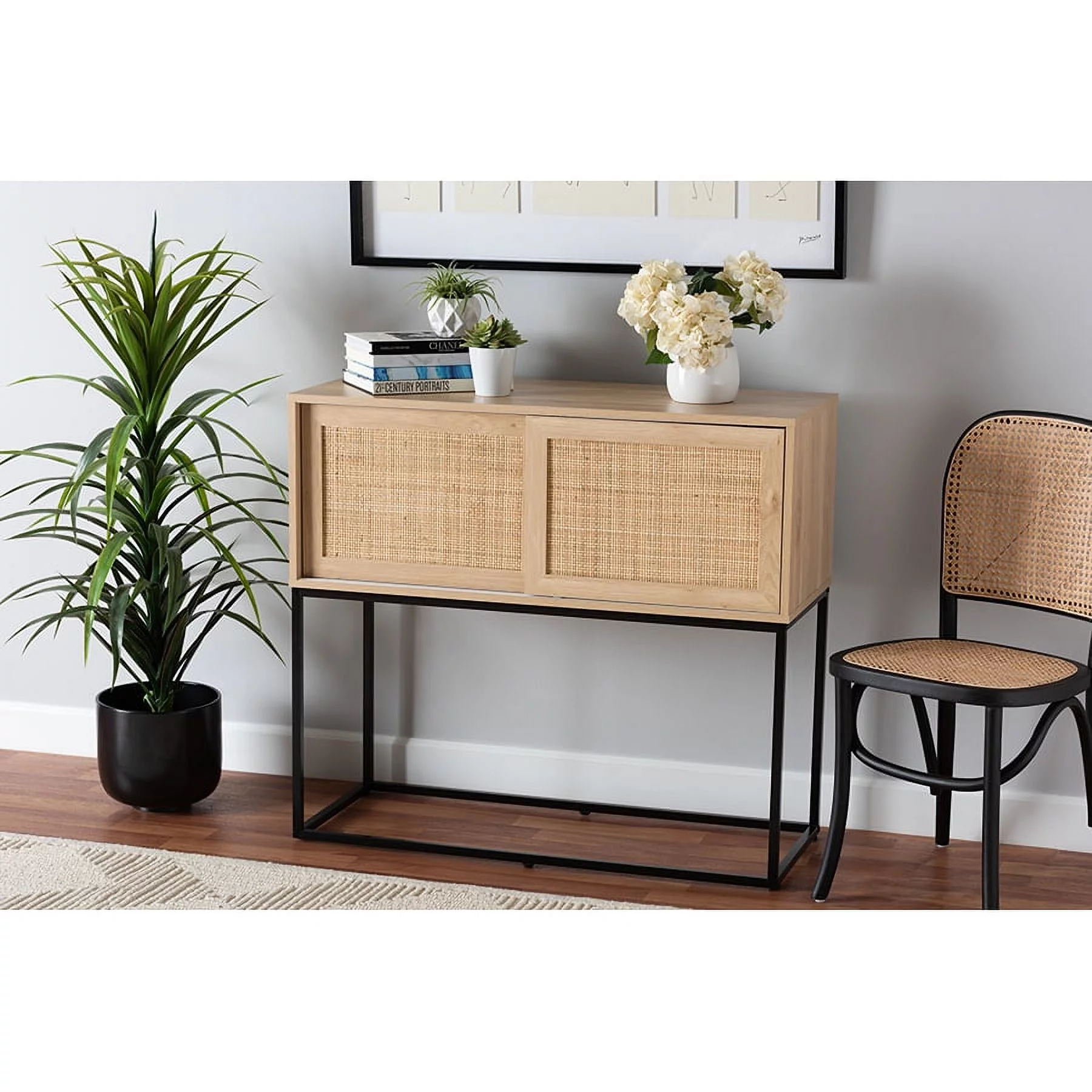 Baxton Studio Amelia Mid-Century Modern Transitional Natural Brown Finished Wood and Natural Rattan Sideboard Buffet