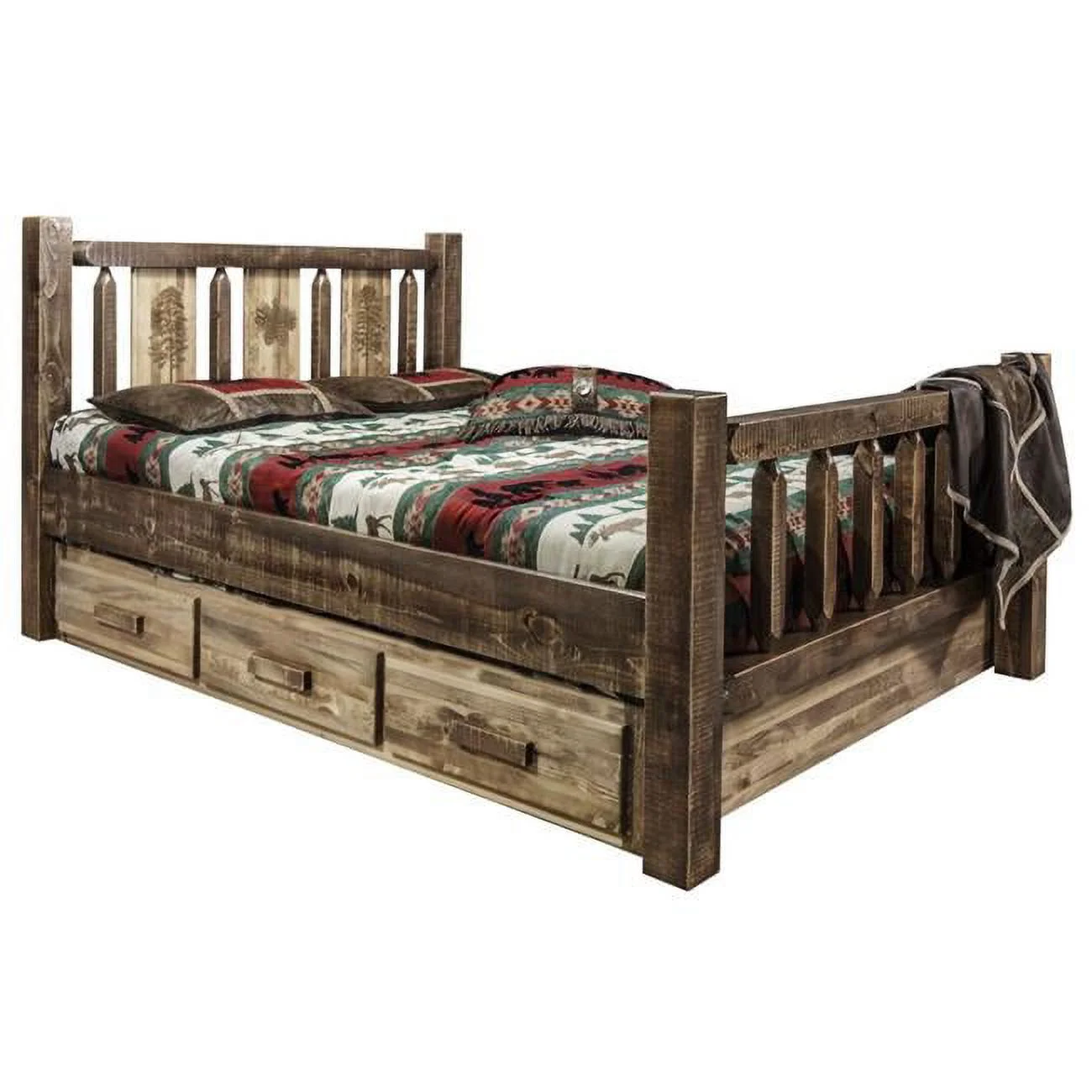 Montana Woodworks  Homestead Storage Bed with Laser Engraved Pine Design, Stain & Clear Lacquer - Queenl Size