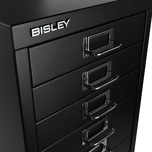 Bisley 10-Drawer Steel MultiDrawer Cabinet - Black, Chrome Pull Handles with Label Holders, Powder-Coated Steel, Removable Drawers, Fits Under Most Desks, Labels Included