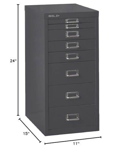Bisley 10-Drawer Steel MultiDrawer Cabinet - Black, Chrome Pull Handles with Label Holders, Powder-Coated Steel, Removable Drawers, Fits Under Most Desks, Labels Included