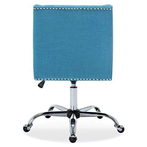 Modern Upholstered Linen Office Chair With Nailhead Trim, Armless Adjustable Height Swivel With Wheels, Stylish Farmhouse Computer Desk Seating - Blue