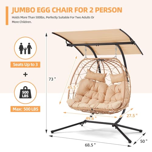 YOLENY Oversized Double Egg Chair with Adjustable Canopy, Patio Hanging Swing Chair, Hammock Chair with Cushion