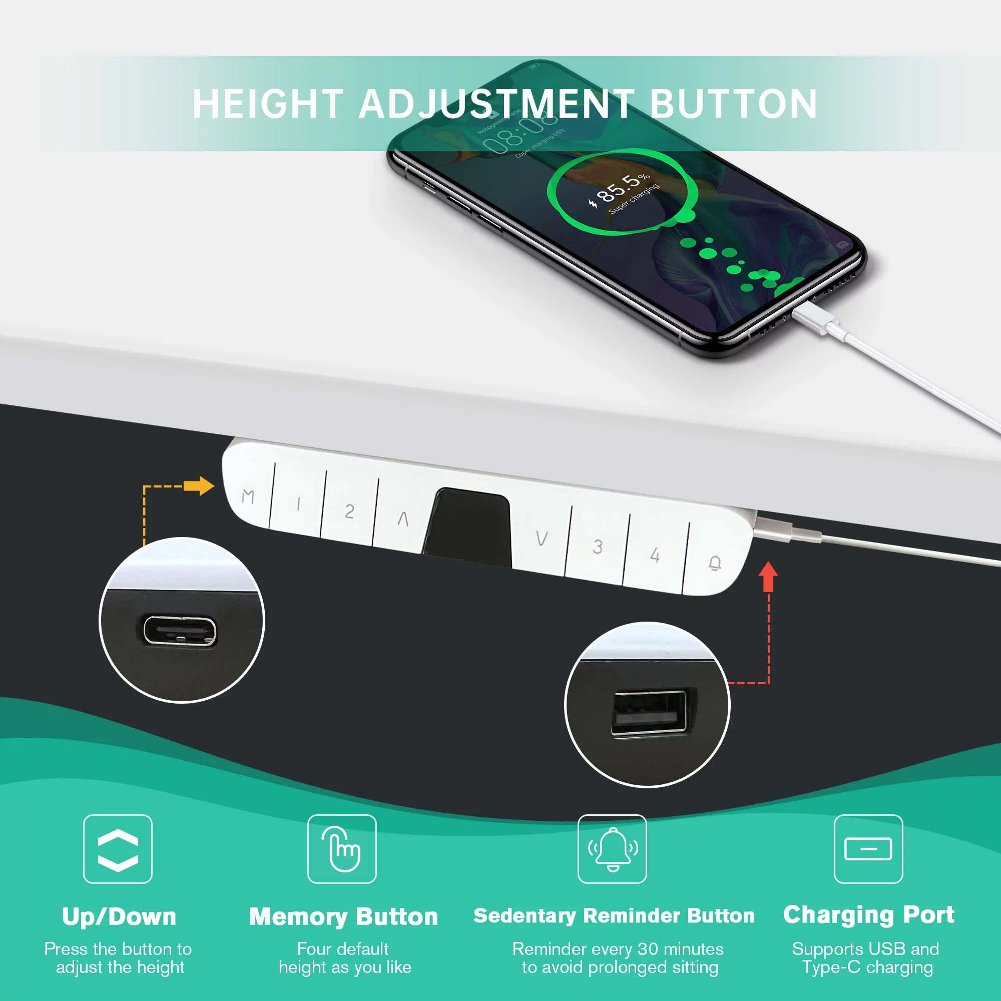 Cubespace Electric Standing Desk 60 x 24 inch - Adjustable Stand Up Desk for Home Office - Dual Motor Sit to Stand Desk - 4 Height Settings w/Sedentary Reminder - USB and Type-C Charging Port