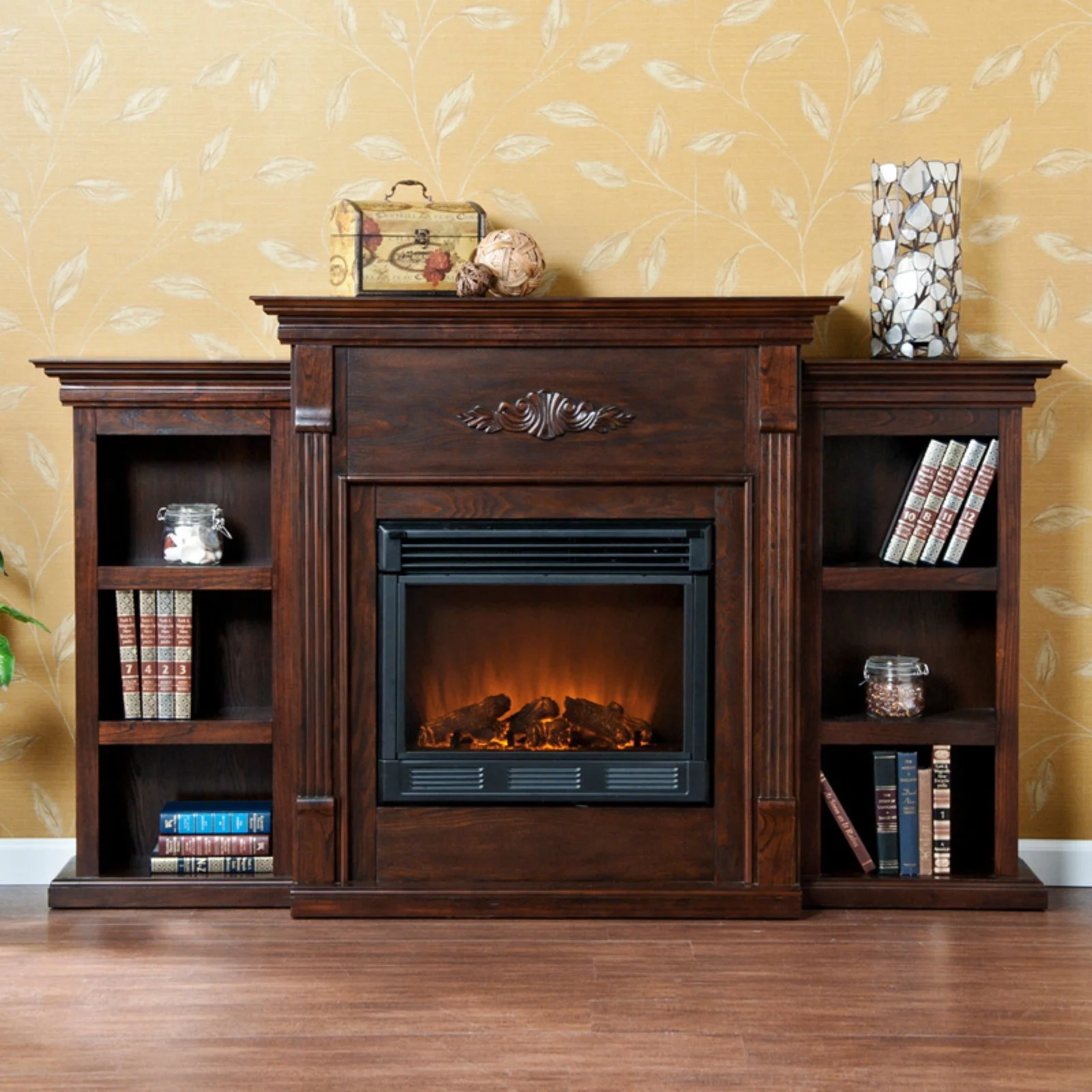 SEI Furniture Fredricksburg Wood Electric Fireplace with Bookcases in Black