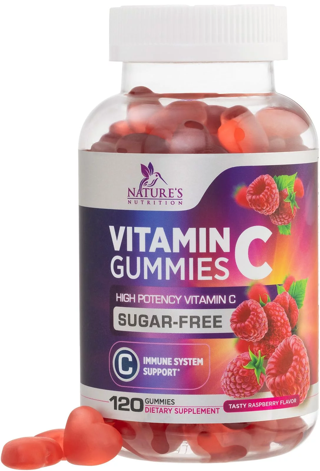 Sugar Free Vitamin C Gummies - Immune Support & Antioxidant Vitamin Dietary Supplement - Vegan, Non-GMO, Dairy & Gluten Free C Gummy Vitamins - Raspberry Flavor for Kids & Adults - 120 Count Gummies