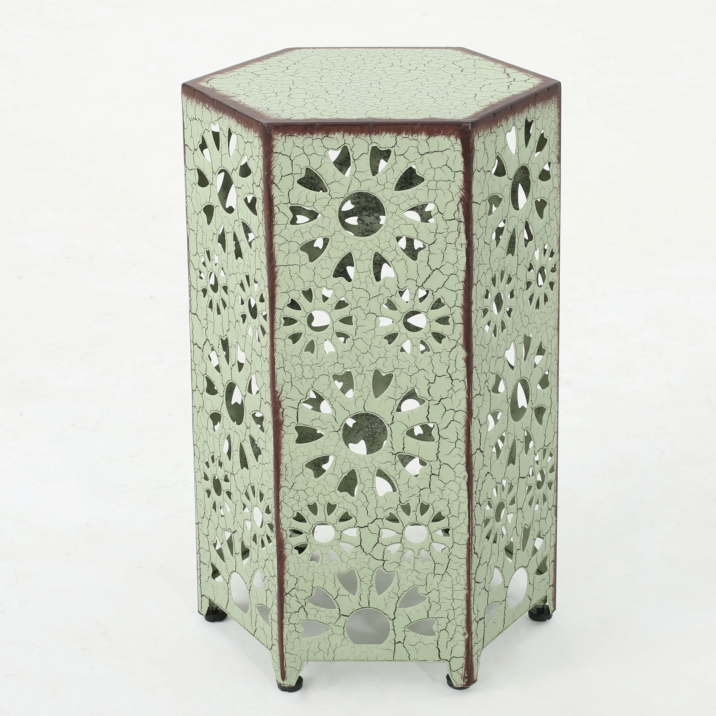 Noble House Vania 12 Inch and 14 Inch Sunburst Iron Side Table Set, Crackle Green