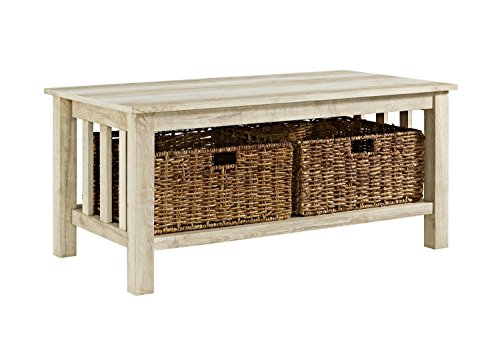 Walker Edison Coastal Black Living Room Coffee Table with Lower Shelf and Faux Rattan Wicker Baskets, 40 Inch