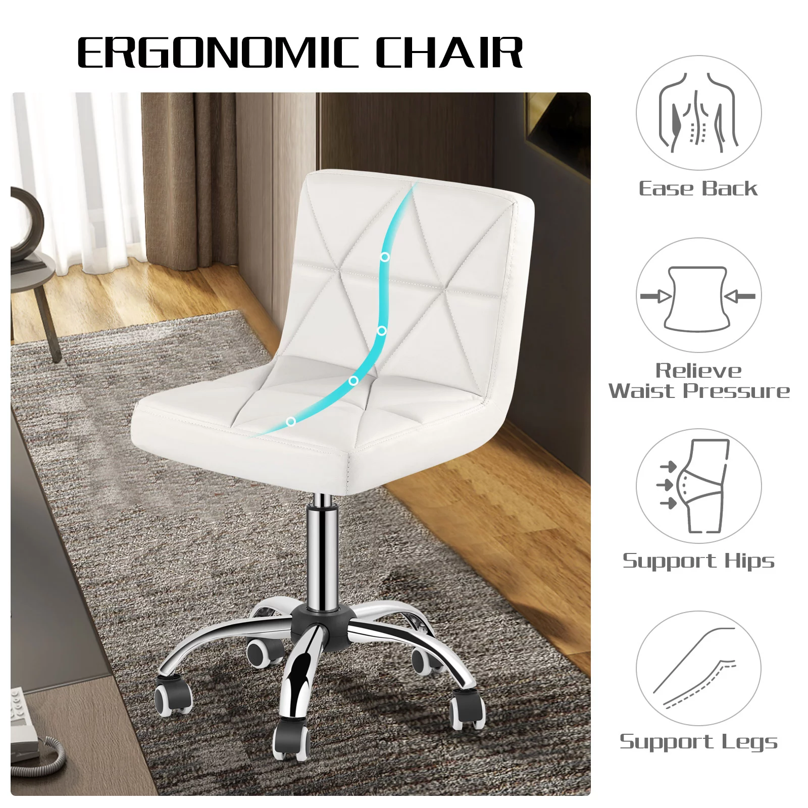COSVALVE Armless Desk Chair Low Back Swivel Barber Chair Office Task Computer (White)