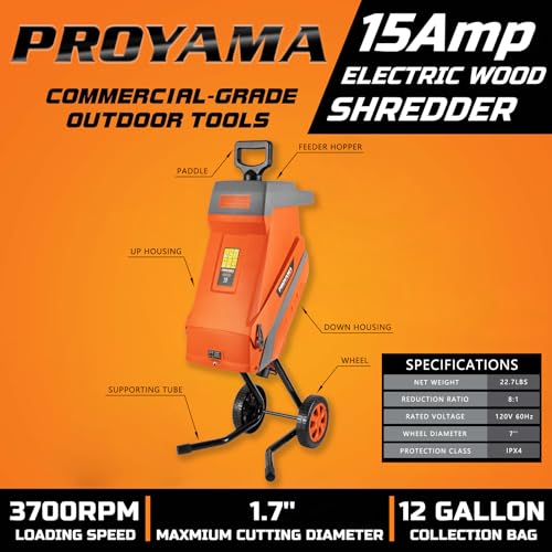 PROYAMA 15 - Amp Electric Wood Chipper, Corded Shredder with Collection Bag and Push Stick, Double Sided Blade System, Auto Shut - Off, 1.7 Inch Cutting Capacity for Leaves, Grass, Clippings