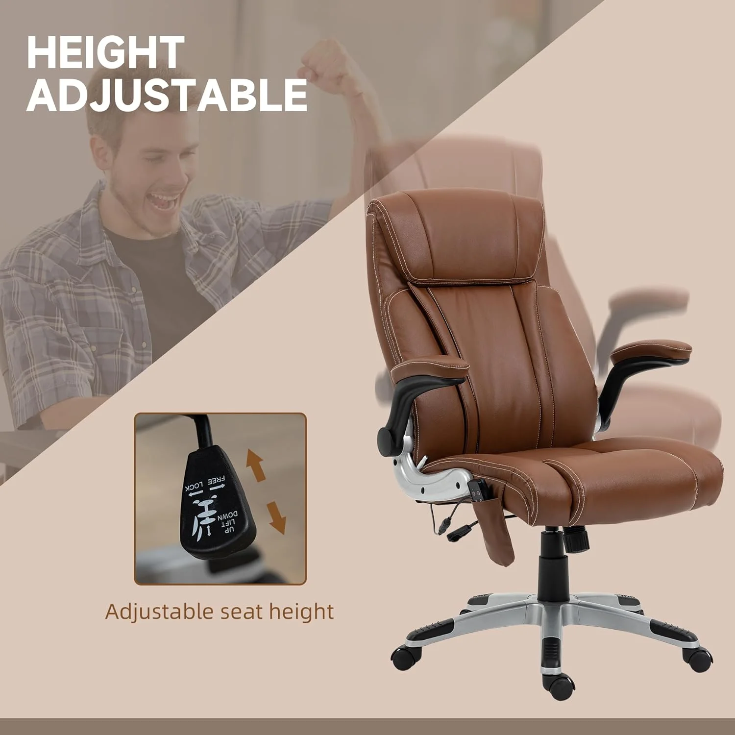 Executive Massage Office Chair With 6 Vibration Points, Heated Faux Leather Computer Desk Chair With -Up Armrest, Adjustable Height, Swivel Wheel, Brown