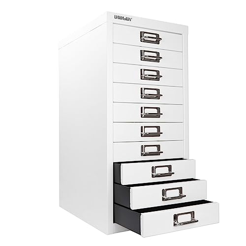 Bisley 10-Drawer Steel MultiDrawer Cabinet - Black, Chrome Pull Handles with Label Holders, Powder-Coated Steel, Removable Drawers, Fits Under Most Desks, Labels Included