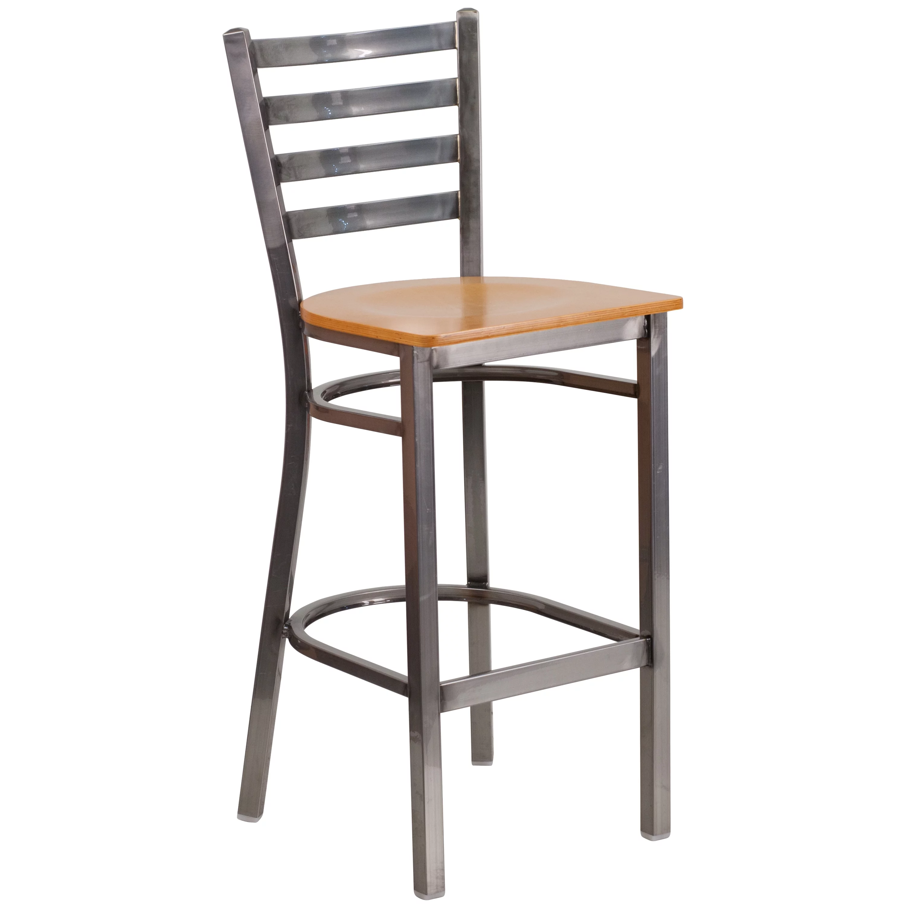 Emma + Oliver Clear Coated Metal Ladder Back Barstool, Natural Wood Seat