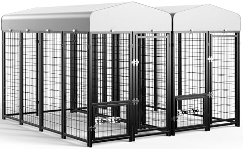 SINO LUBAN Outdoor Dog Kennel Outside Run with Doggy Door, Swivel Feeder&Roof - 8x4x6 Large Dog Kennels Pens Outside for Large Dogs Breed-Heavy Duty Cage Enclosure Yard (Can Connect to Your Dog House)