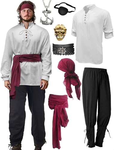 Verceco Mens Pirate Costume Outfit Renaissance Costume Men Medieval Outfit With Pirate Pants Shirts Sash Accessories Khaki Large