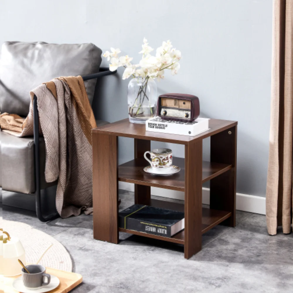 Square side table,simple style design,3-tier end table,wood living room nightstand,bedroom,easy assembly,1-pack, classic brown