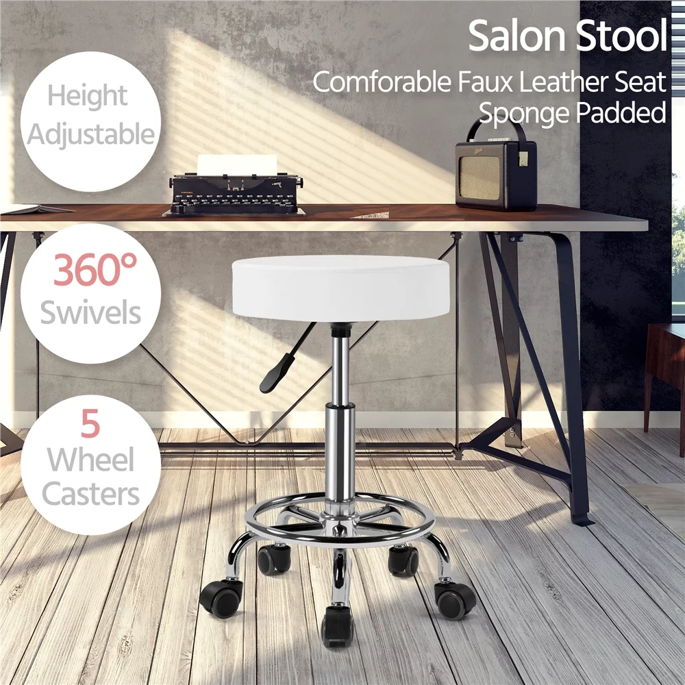 SMILE MART Adjustable Swivel Leather Stool for Salon, White