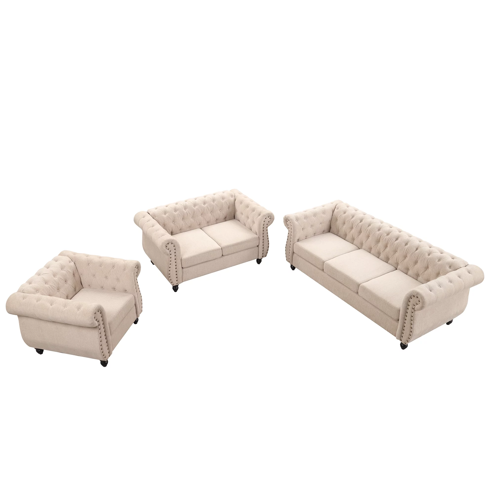 Modern three-piece sofa set with solid wood legs, button-down tufted backrest, Dutch velvet upholstered sofa set including three-seater sofa, two-seater and living room furniture set Single chair