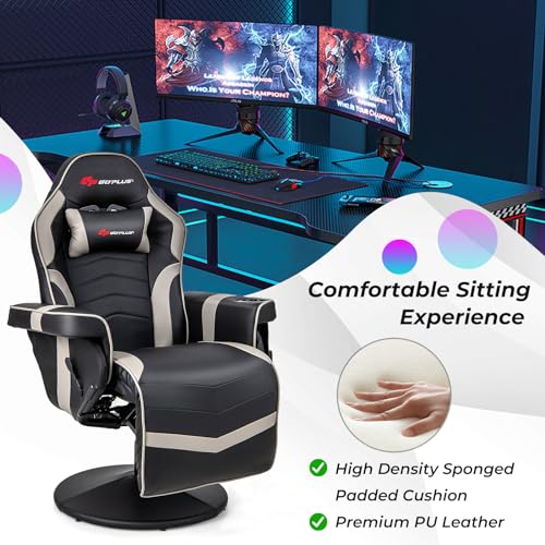 POWERSTONE Gaming Recliner Massage Gaming Chair with Footrest Ergonomic PU Leather Single Sofa with Cup Holder Headrest and Side Pouch, Adjustable Living Room Chair Seating, Black