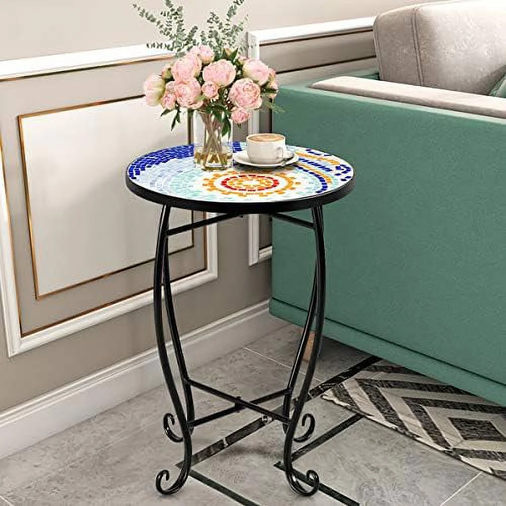 Side Table Outdoor Mosaic Round 14 Inch W/Glass Table Top And Steel Frame For Patio, Lawn, Garden, Balcony And Home Décore Small End Table (Navy)