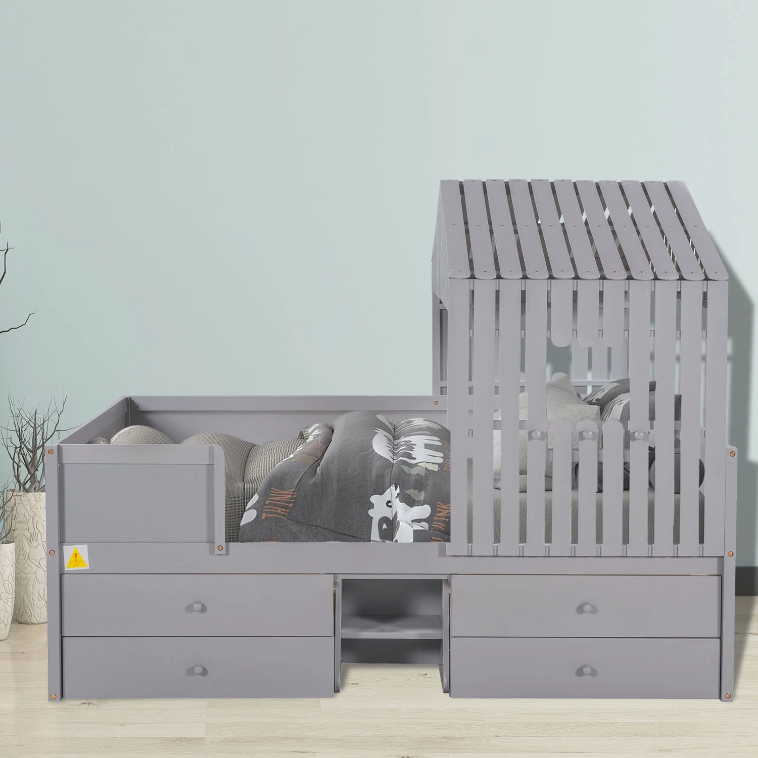 Full Size House Low Loft Bed with Four Drawers, Grey, Dimensions 77.9''L*57.9''W*60.2''H, Suitable for Various Home Environments